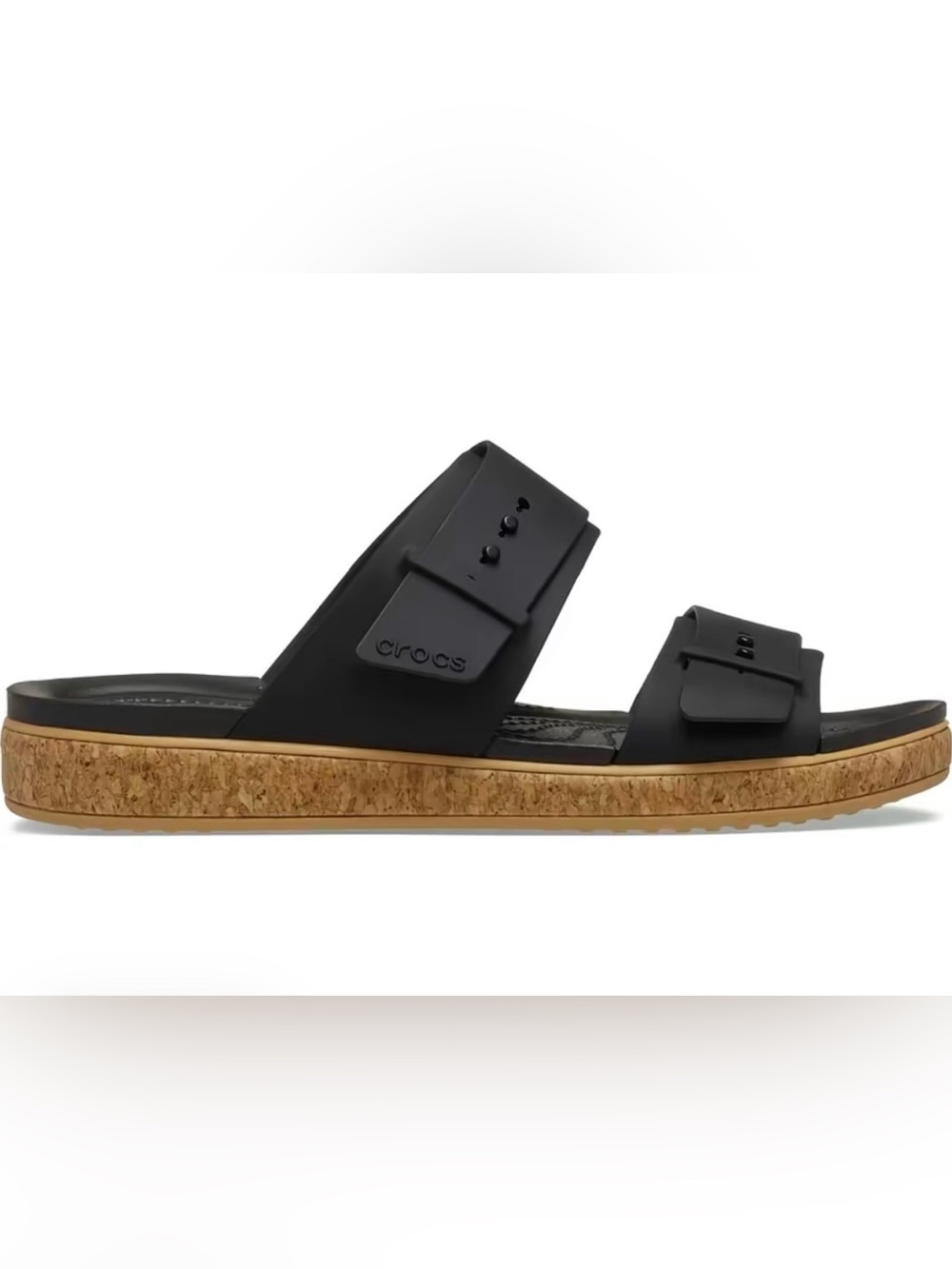 Crocs Women’s Brooklyn Buckle Black and Cork Flat Sandal - Picture 4 of 5